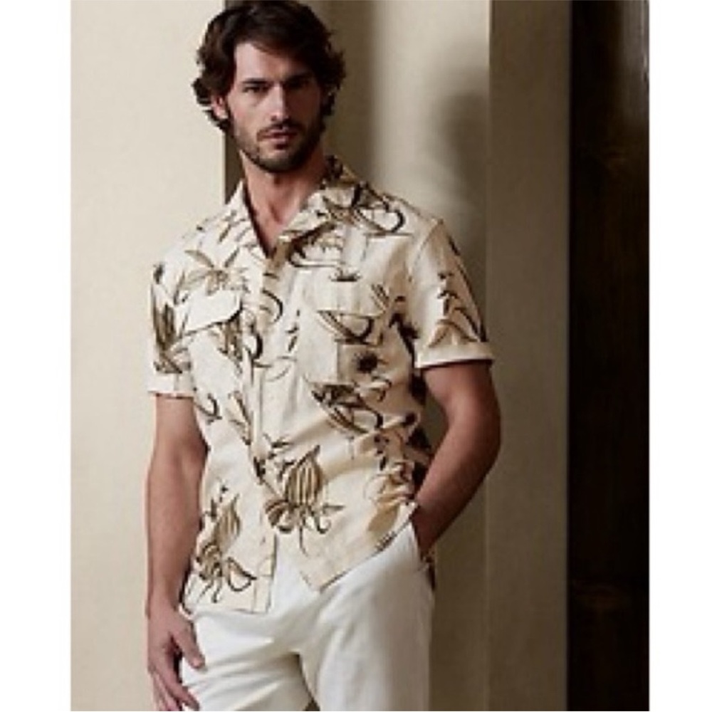 Banana Republic Expedition Untucked Linen blend Button Shirt Olive Green relaxed